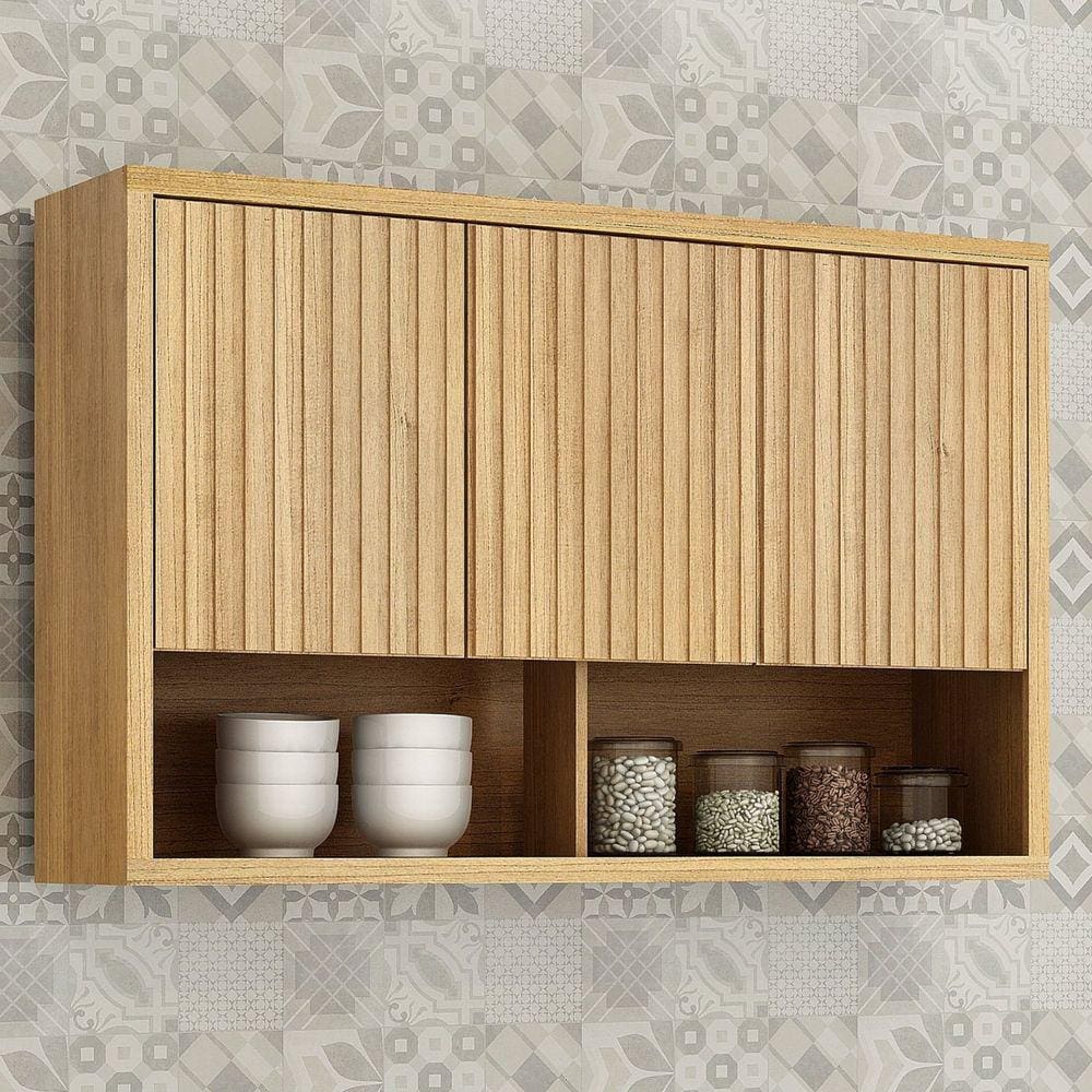 Armário Aéreo para Cozinha 120cm 3 Portas Ripado Torino Cinamomo