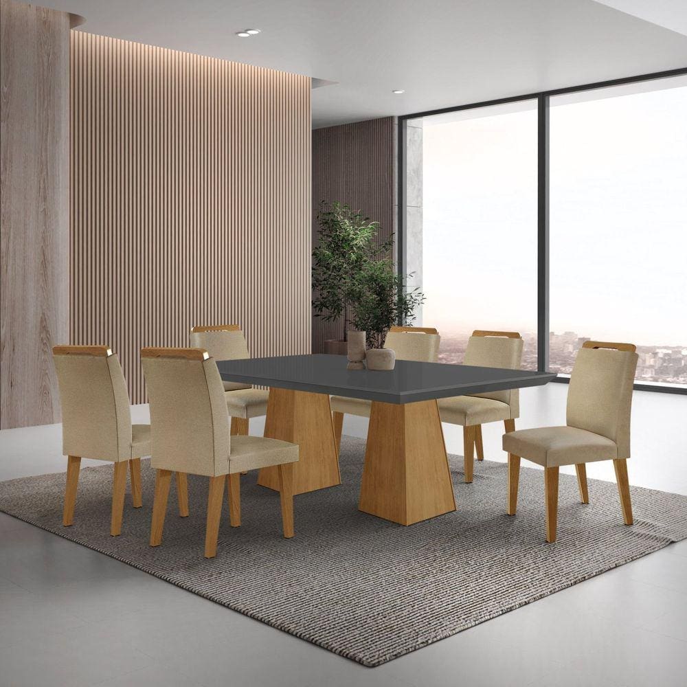 Mesa Inovare 180 Tampo Mdf Canto Reto com 6 Cadeiras Bugatti Turim/Grafite/Imbuia/Imbuia Ripado