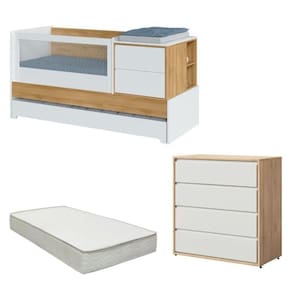 Berço Multifuncional com Cama Auxiliar Sol e Mar com Colchão e Comoda Branco/Carvalho Treviso