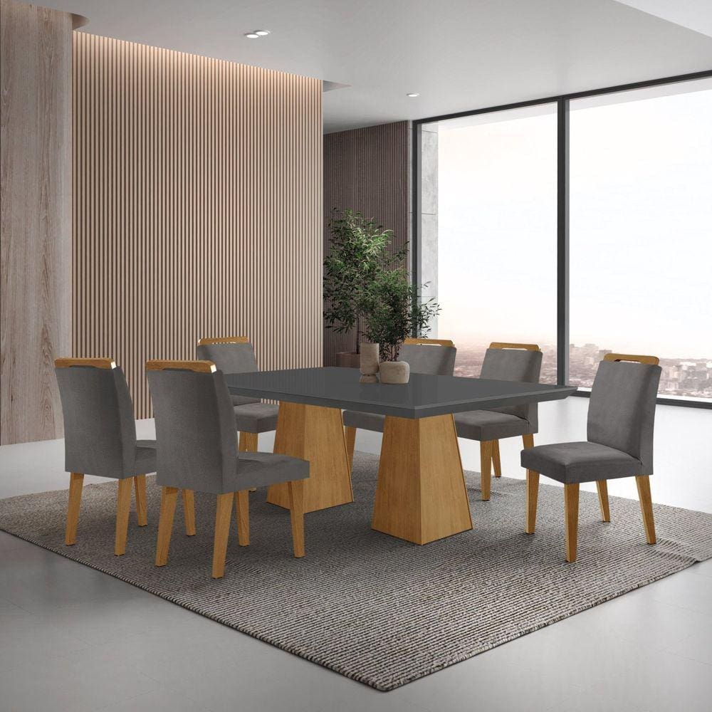 Mesa Inovare 180 Tampo Mdf Canto Reto com 6 Cadeiras Bugatti Grafite/Imbuia/Imbuia ripado