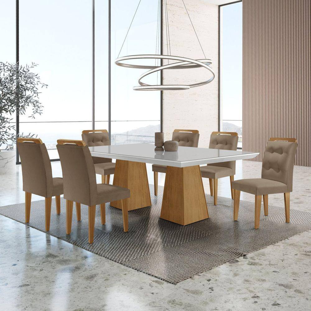 Mesa Inovare 180 Tp Mdf Vidro/canto Reto com 6 Cadeiras Valentina capuccino/Imbuia/Imbuia Ripado/Serig. Off