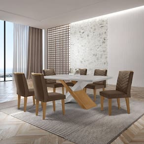 Mesa Valentina 180 Tampo Mdf Canto Reto com 6 Cadeiras Monique Marrom/Off White/Imbuia