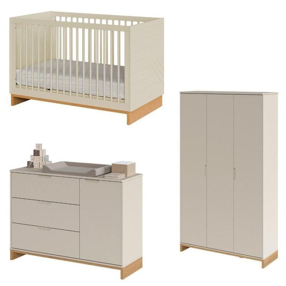 Quarto de Bebê Completo com Berço, Cômoda e Guarda-Roupa Cubo Areia/Platano