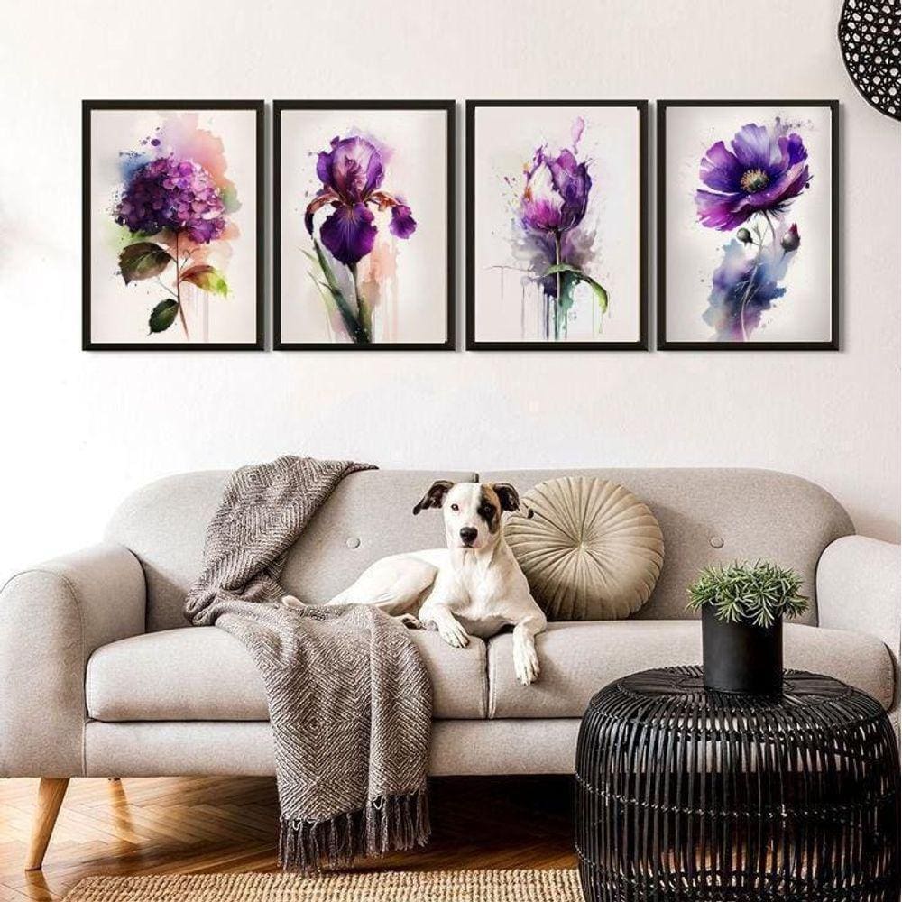 Kit 4 Quadros Flores Roxas Aquarela 33X24Cm - Com Vidro