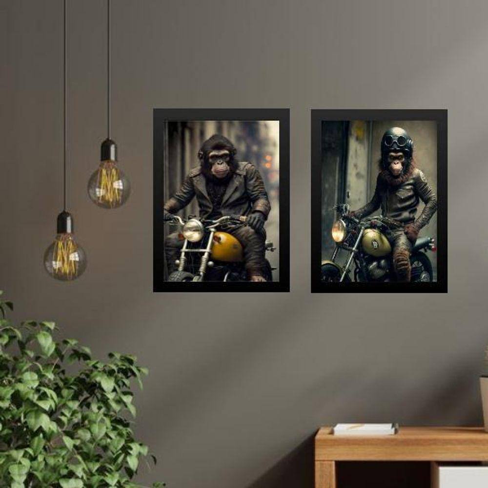 Kit 2 Quadros Moto - Macaco Motociclista 33X24Cm - Com Vidro