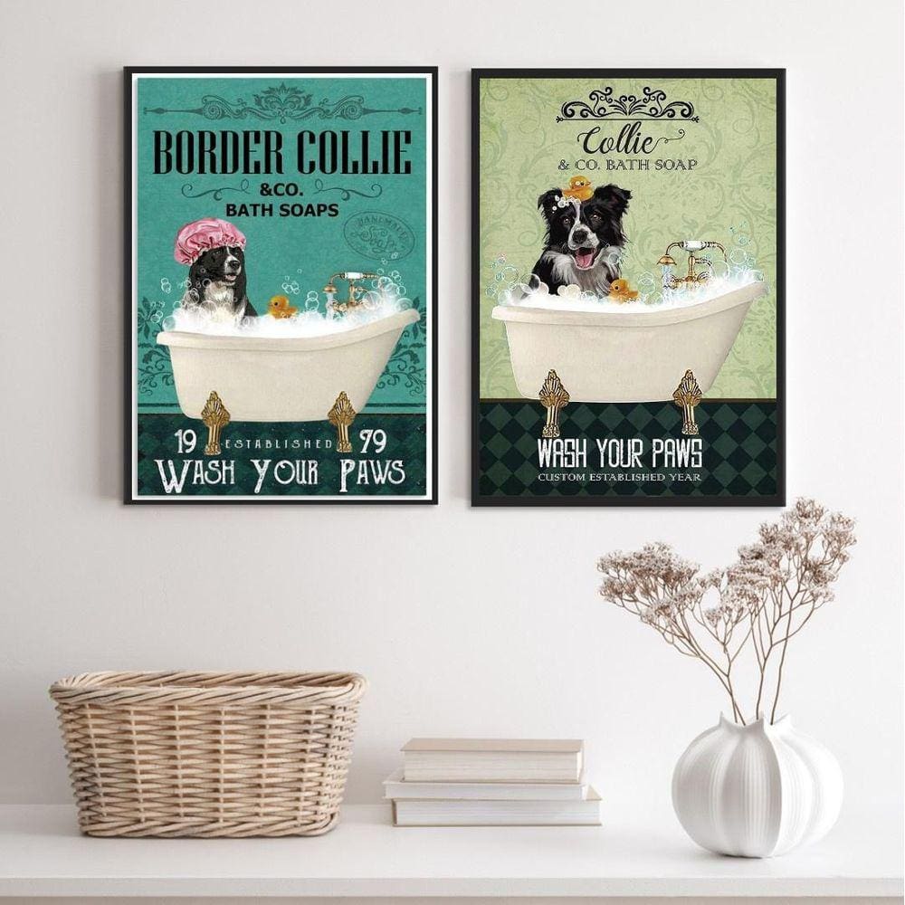 Kit 2 Quadros Banheiro Cão Border Collie 45X34Cm - Com Vidro