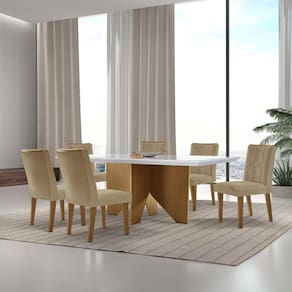 Mesa Nancy 180 Tampo Mdf Vidro Canto Reto com 6 Cadeiras Dandara Turim/Off White/imbuia/Serig. Off
