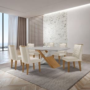 Mesa Valentina 180 Tampo Mdf Canto Reto com 6 Cadeiras Monique Creme/Off White/Imbuia