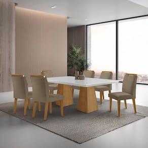 Mesa Inovare 180 Tp Mdf Vidro/canto Reto com 6 Cadeiras Bugatti Grfite / Off White / Imbuia Ripado