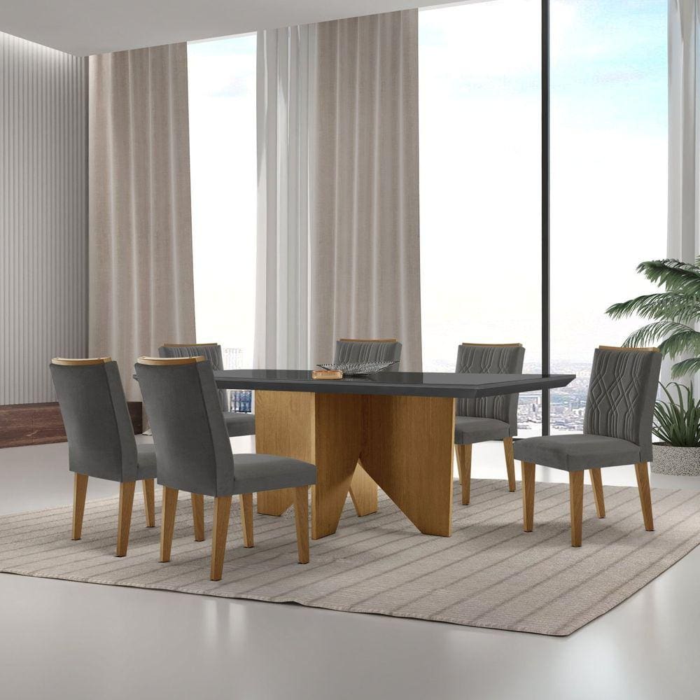 Mesa Nancy 180 Tampo Mdf Vidro/canto Reto com 6 Cadeiras Dandara Grafite/Imbuia