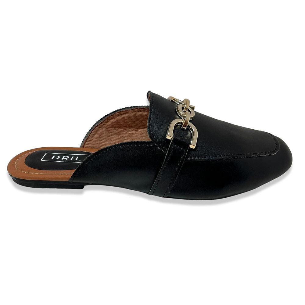 Mule Feminino Comfort Bico Quadrado Detalhe Elos Dourados