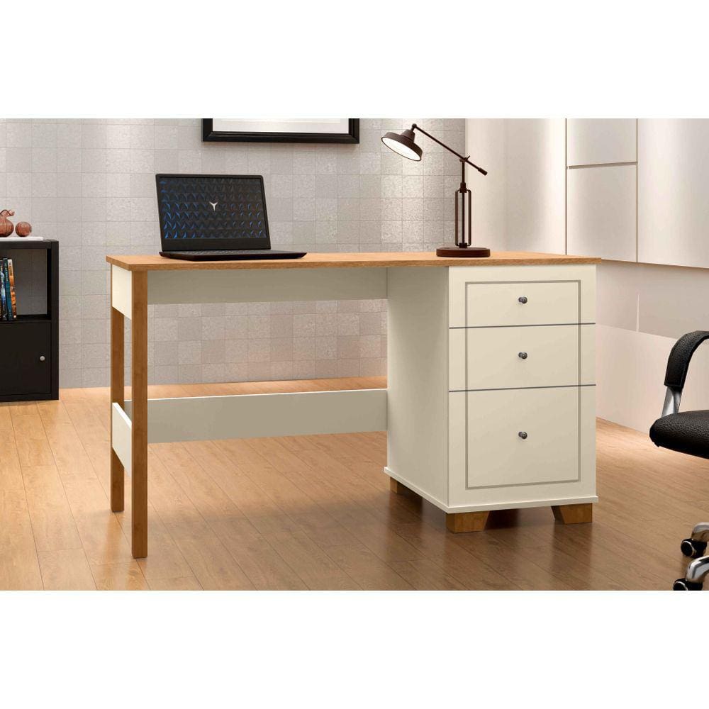 Escrivaninha Office 136cm 3 Gavetas Pés em Madeira Fenix OffWhite Com Nature - Rede Móveis