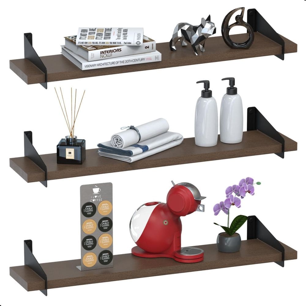 3 Prateleiras De Madeira Estilo Industrial Suspensa Max60Pm