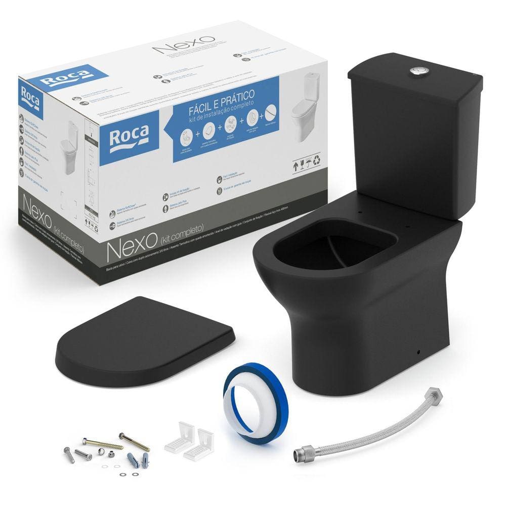 Kit Bacia com Caixa, Assento Termofixo com Queda Amortecida e Complementos de Instalação Nexo Roca Matte Black