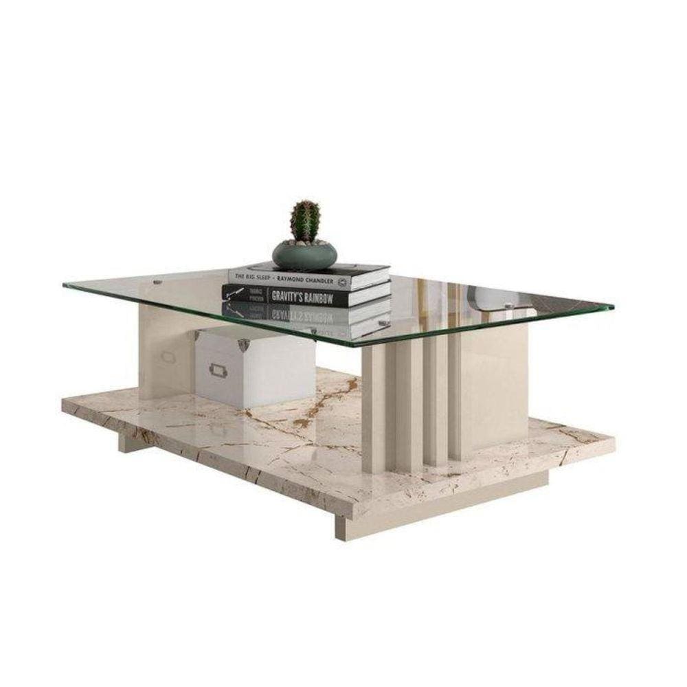 Mesa de Centro para Sala Frizz Com Tampo de Vidro Cor Calacata e Off White - Madetec Móveis