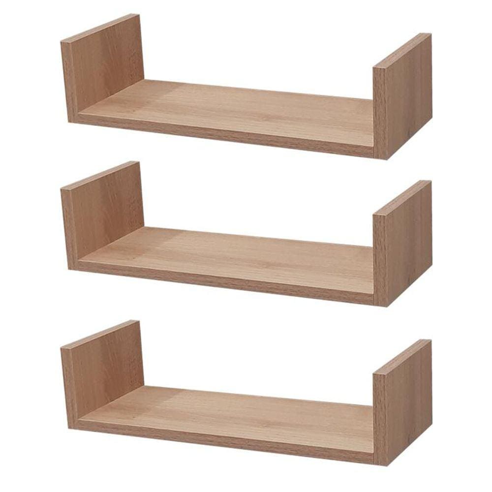 Kit 3 Prateleiras U 50 x 10cm Carvalho Suporte Invisível
