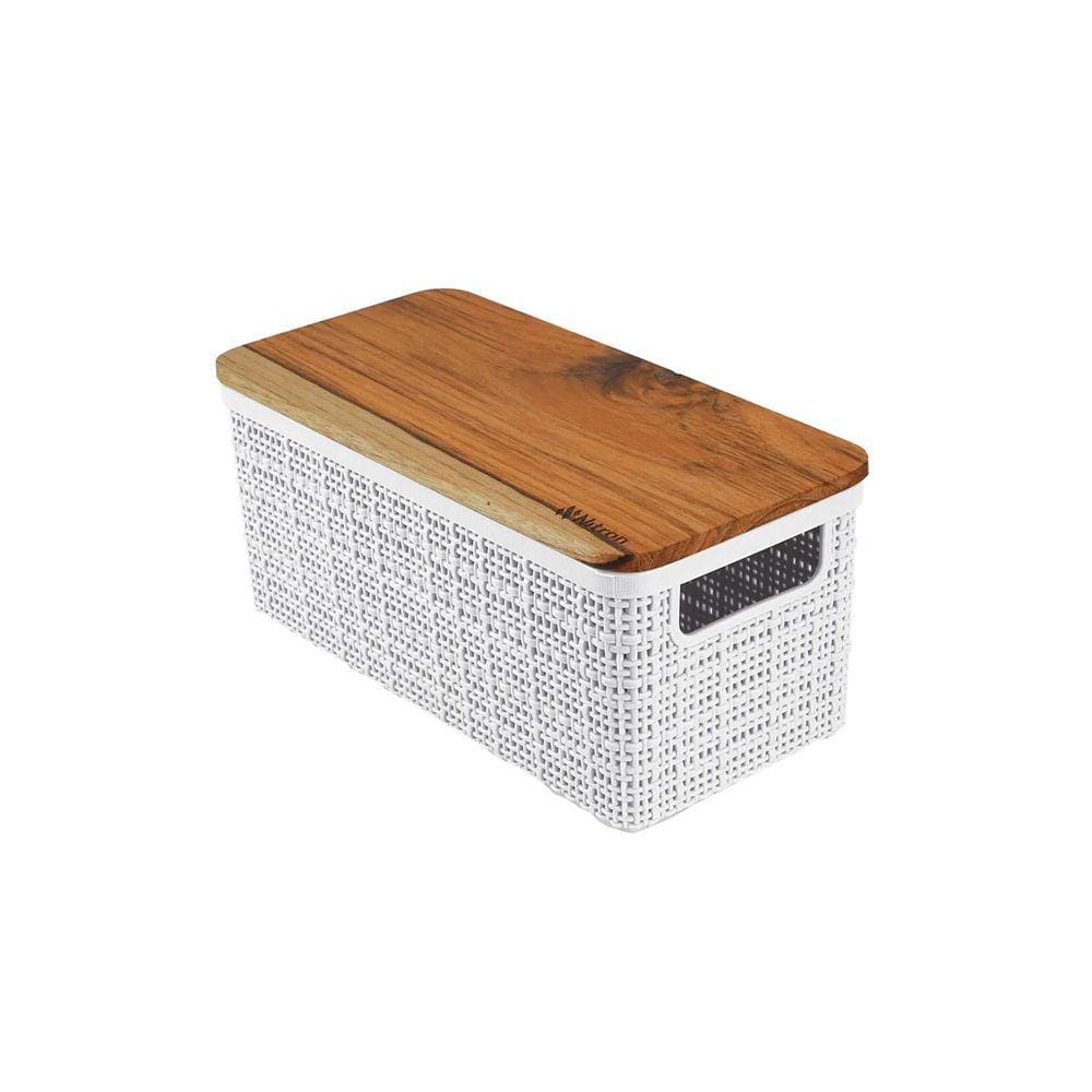 Cesto Organizador Juta de Plástico Resistente Com Tampa de Madeira Capacidade 3,7 Litros Branco