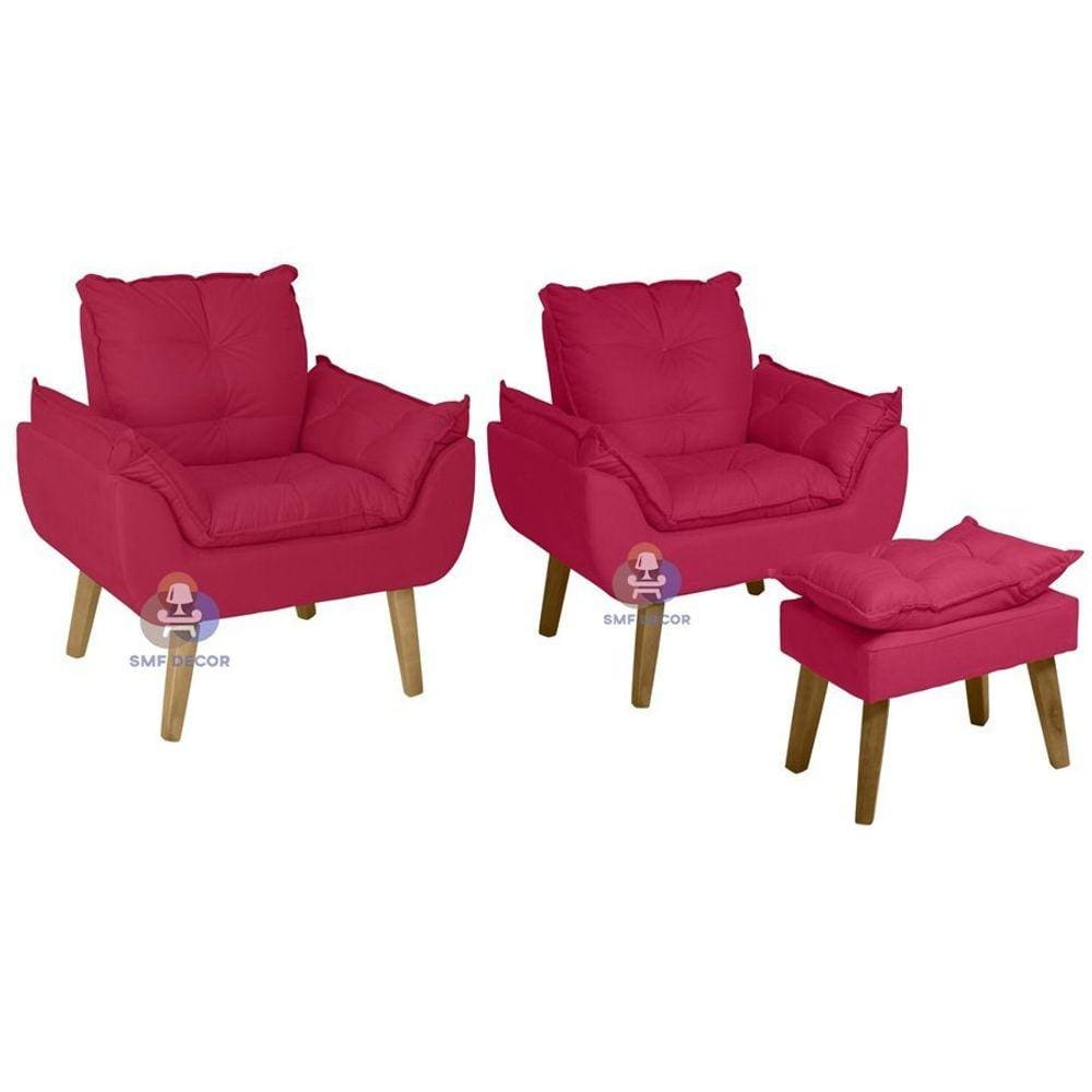 Kit 02 Poltrona/Cadeira Decorativa E Puff Glamour Vermelho Com Pés Quadrado