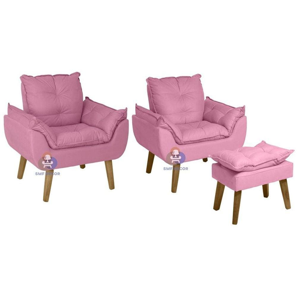 Kit 02 Poltrona/Cadeira Decorativa E Puff Glamour Rosê Com Pés Quadrado