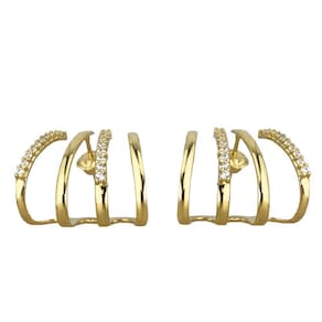 Brinco 4 Tiras Lisa Com Zircônia Em Ouro 18K