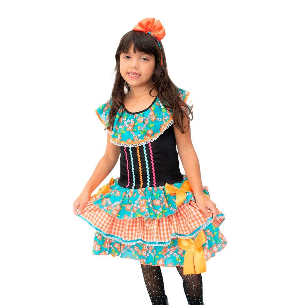 Vestido Infantil Festa Junina Florido Laranja e Preto + Arco