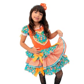 Vestido Festa Junina Infantil Caipira Florido Abóbora +Tiara