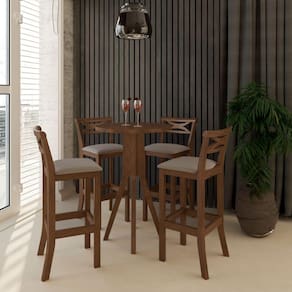 Kit Bar Bistrô Mesa Retrô 4 Banquetas Alta X Madri Madeira Maciça Pinhão Suede Bege - CCS