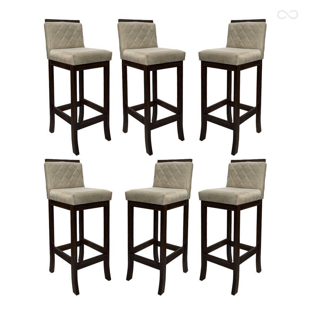 Kit 6 Banquetas Alta de Madeira Maciça Nice com Encosto Matelassê Suede Bege CCS