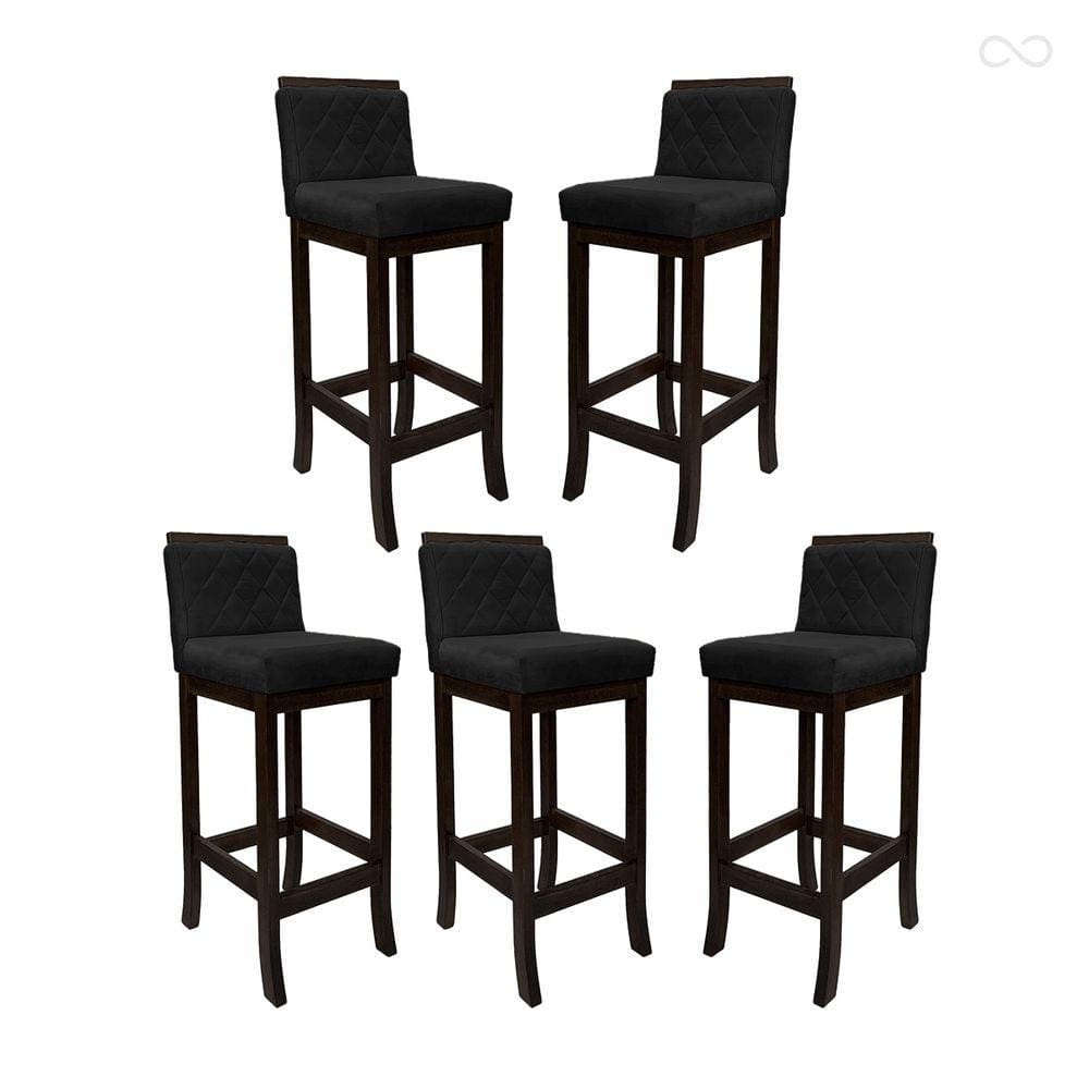 Kit 5 Banquetas Alta para Balcão de Cozinha Nice Madeira Maciça Matelassê Suede Preto CCS