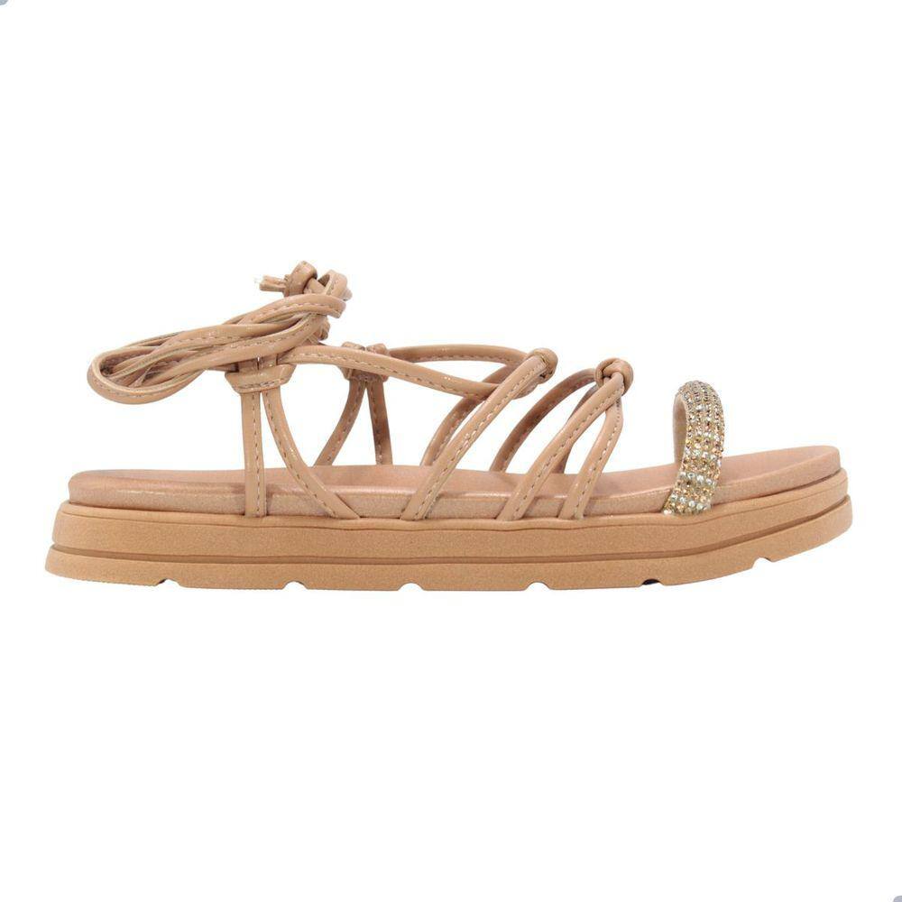 Sandália Moleca Flat com Brilhos e Amarração Napa Turim Nude