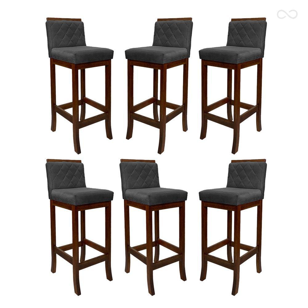 Kit 6 Banquetas Alta para Ilha de Cozinha Nice Madeira Castanho Matelassê Suede Cinza CCS