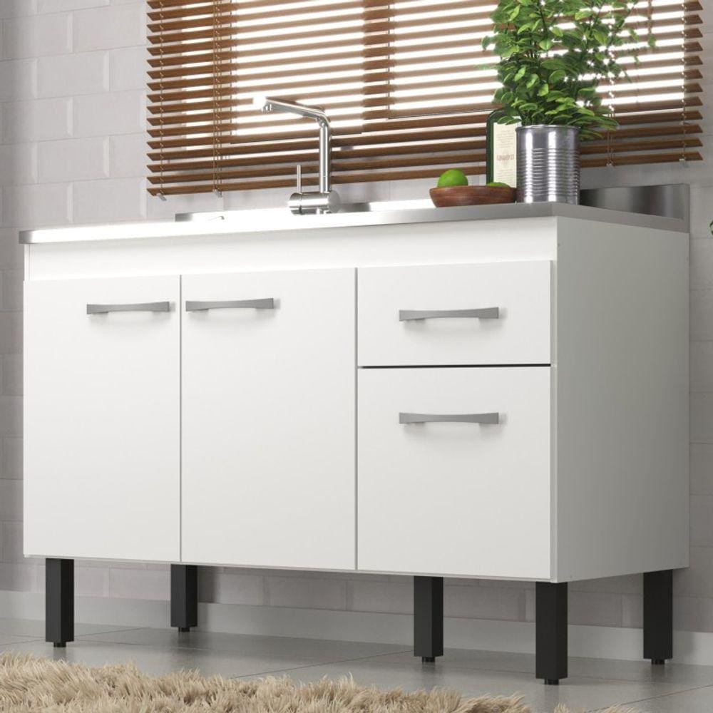 Balcão Pia de Cozinha Branco Monaco 2 Portas e 2 Gavetas
