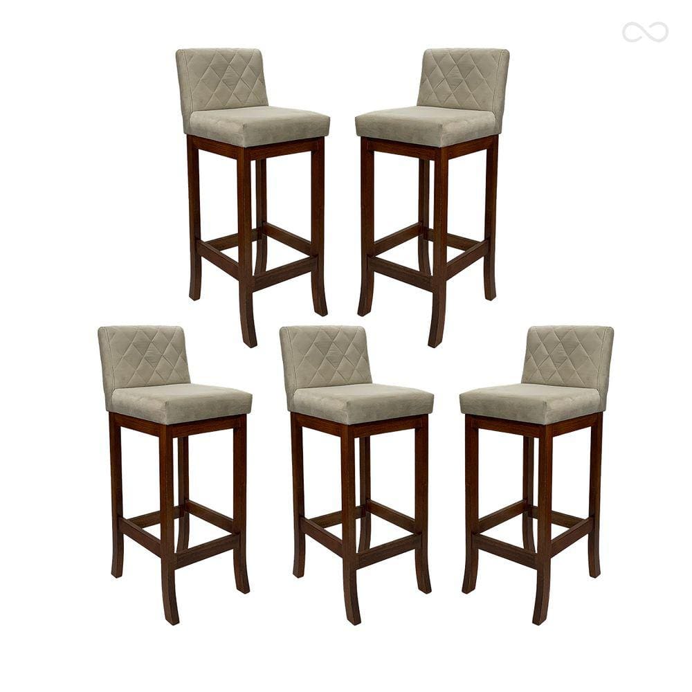 Kit 5 Banquetas Média para Balcão de Cozinha Tóquio Madeira Maciça Matelassê Suede Bege CCS