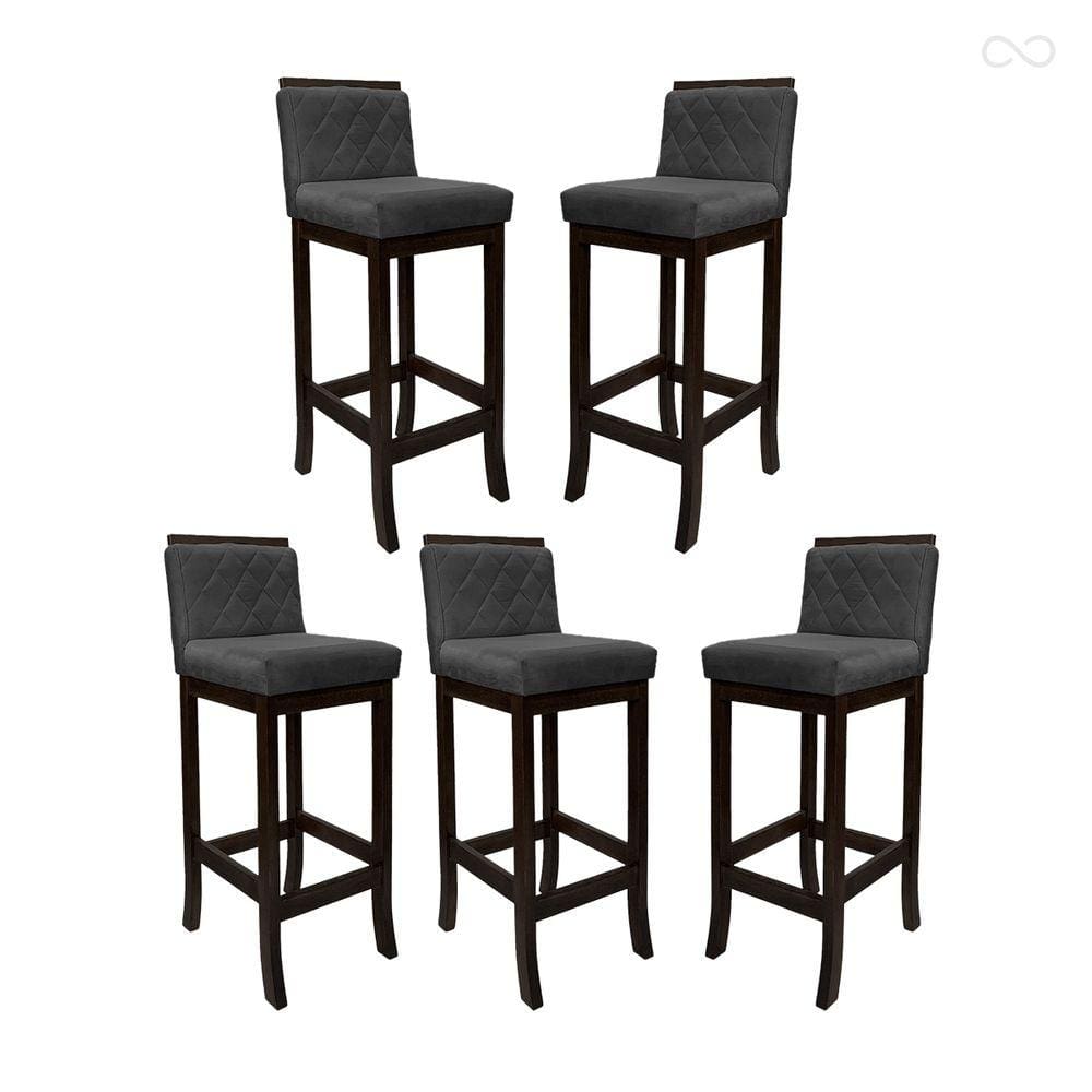 Kit 5 Banquetas Alta com Encosto Matelassê Nice Madeira Maciça Maciça Suede Cinza CCS
