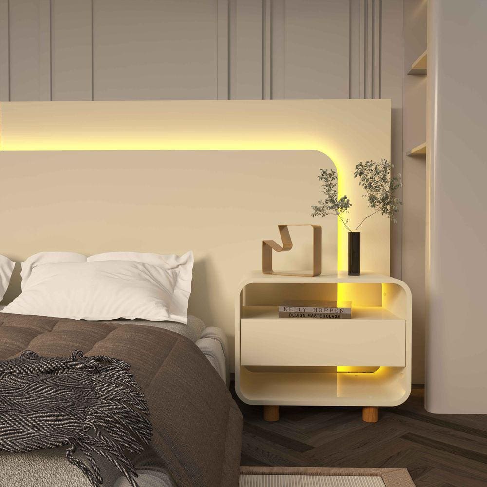 Mesa de Cabeceira Innova 1 Gaveta Pés em Madeira OffWhite - Rede Móveis