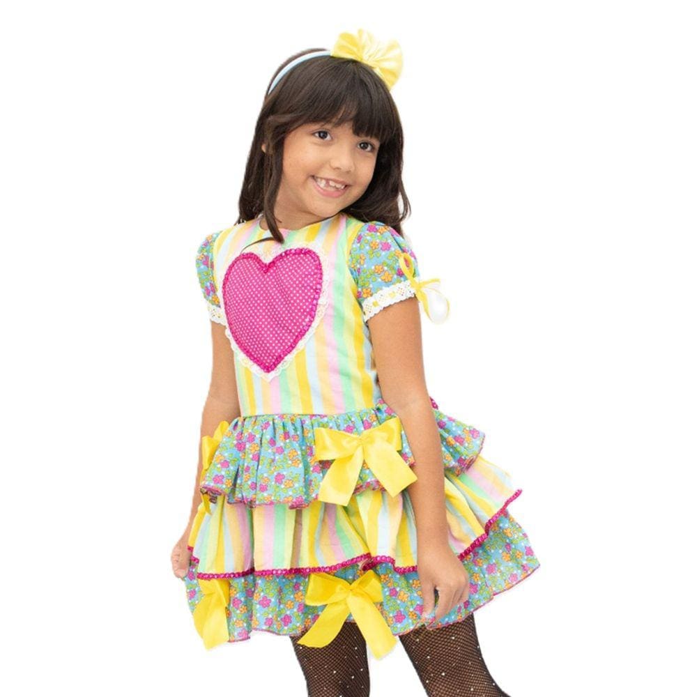 Vestido Infantil Festa Junina Coração Color Caipira + Tiara