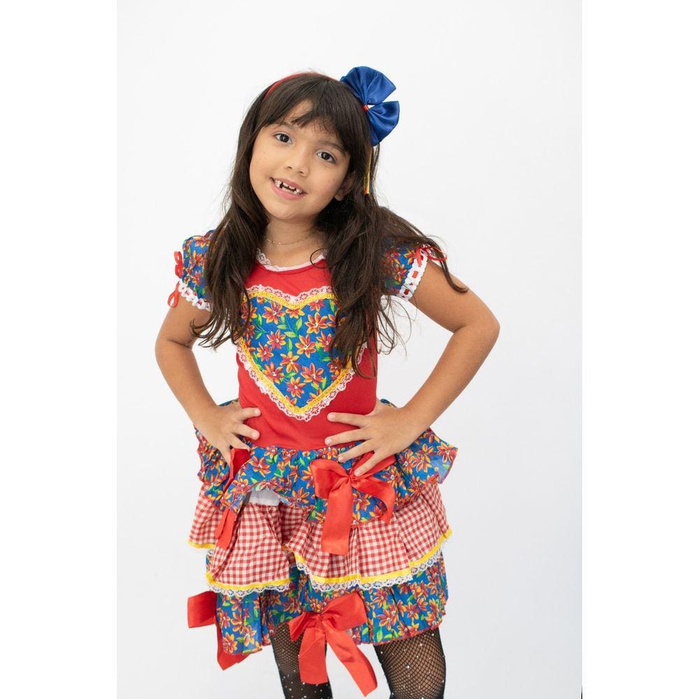 Vestido Infantil Festa Junina Florido Vermelho Xadrez + Arco