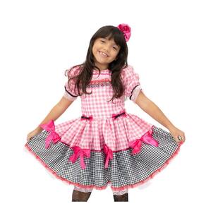 Vestido Infantil São João Rosa Pink Festa Junina com Tiara