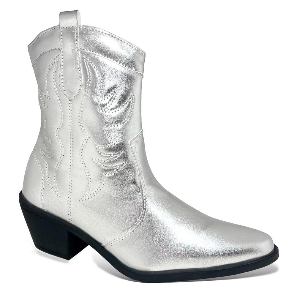 Bota Texana Feminina Prata Bordada Salto Grosso Confortável Bico Fino
