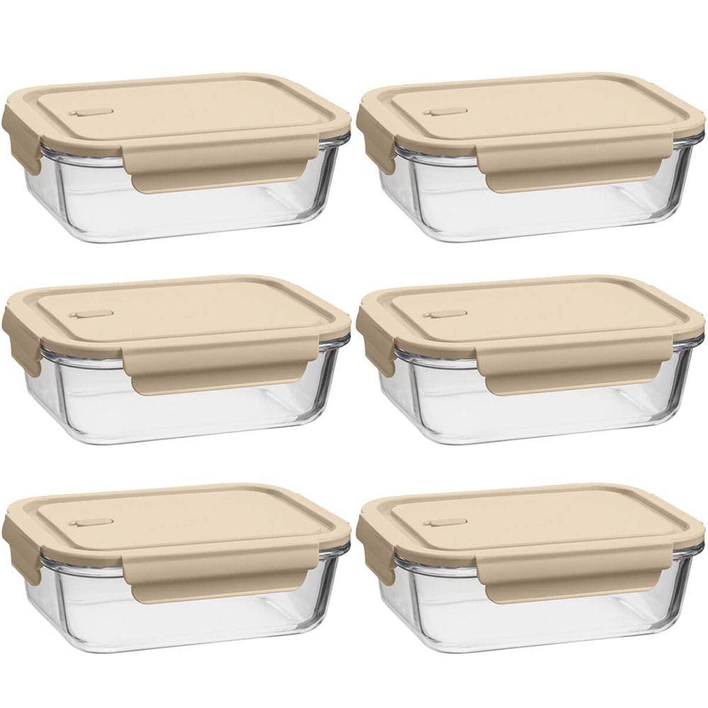 6 Potes Herméticos de Vidro Borossilicato 410ml UZ Retangulares Pequenos Capuccino Porta Mantimentos