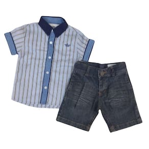 Conjunto Festa Zemar Masc Camisa Azul e Bermuda Jeans