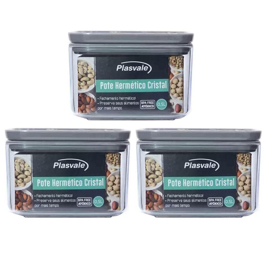 3 Potes Herméticos Plasvale 500ml cada Cristal Quadrado para Mantimentos