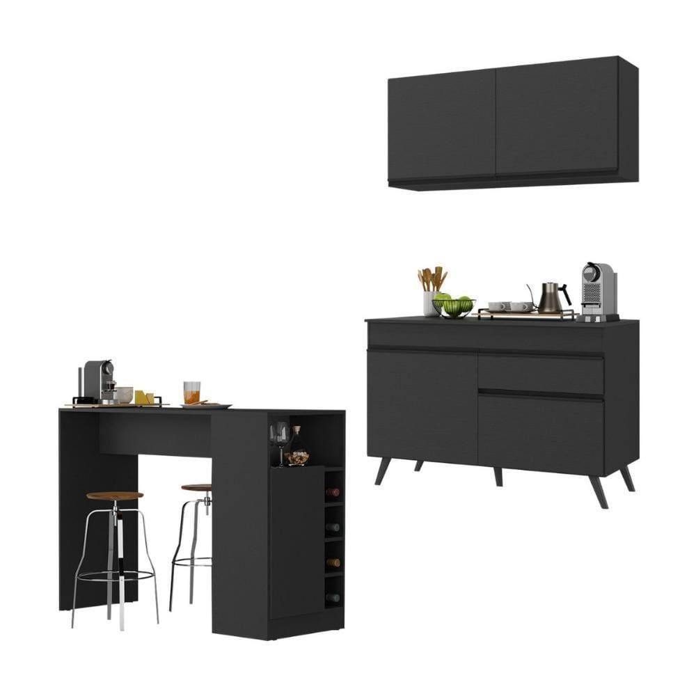 Cozinha Compacta Com Bancada Americana 1 Porta Veneza Multimóveis Mp2207 Preto Preto