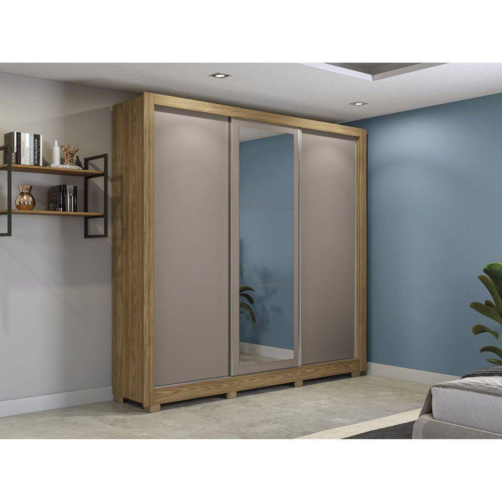 Guarda-roupa 3 Portas de Correr e 2 Gavetas com Pés e Espelho Nogueira/Cinza