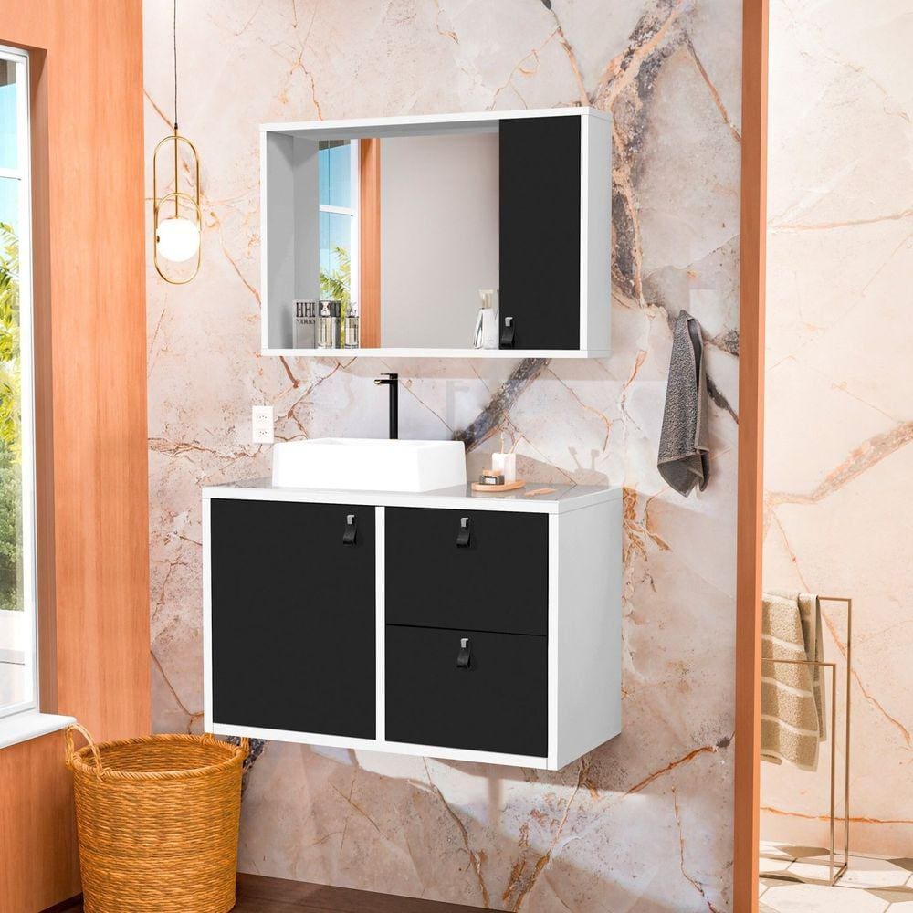 Conjunto Gabinete para Banheiro com Cuba de Sobrepor, Tampo de Vidro e Espelheira Toro 80 Vd Branco / Preto Fosco