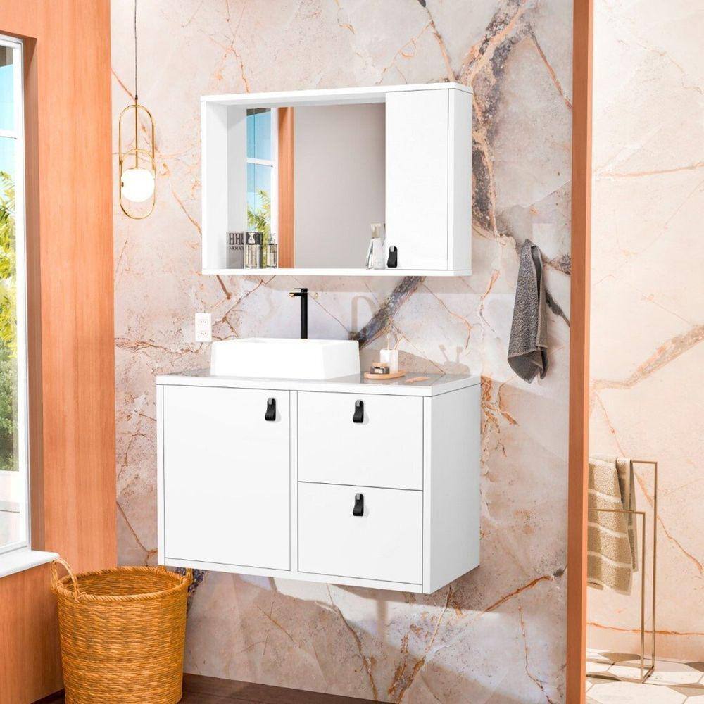 Conjunto Gabinete para Banheiro com Cuba de Sobrepor, Tampo de Vidro e Espelheira Toro 80 Vd Branco
