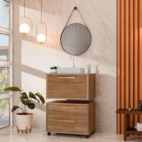 Conjunto Gabinete para Banheiro com Rodízio, Cuba e Espelho Kyoto 60 com Tampo de Vidro Avelato