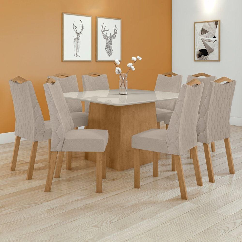 Conjunto Mesa 130cm Nevada com Vidro Plus com 8 Cadeiras Venus Amêndoa Clean/Off White/ Creme