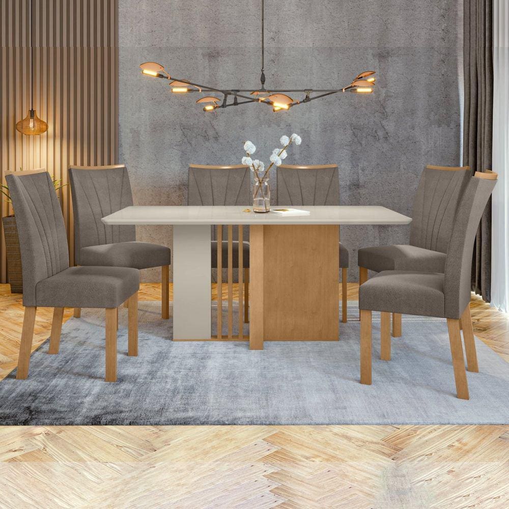 Conjunto Mesa 170cm Astrid com Vidro e 6 Cadeiras Apogeu Amêndoa Clean/Off White/Bege