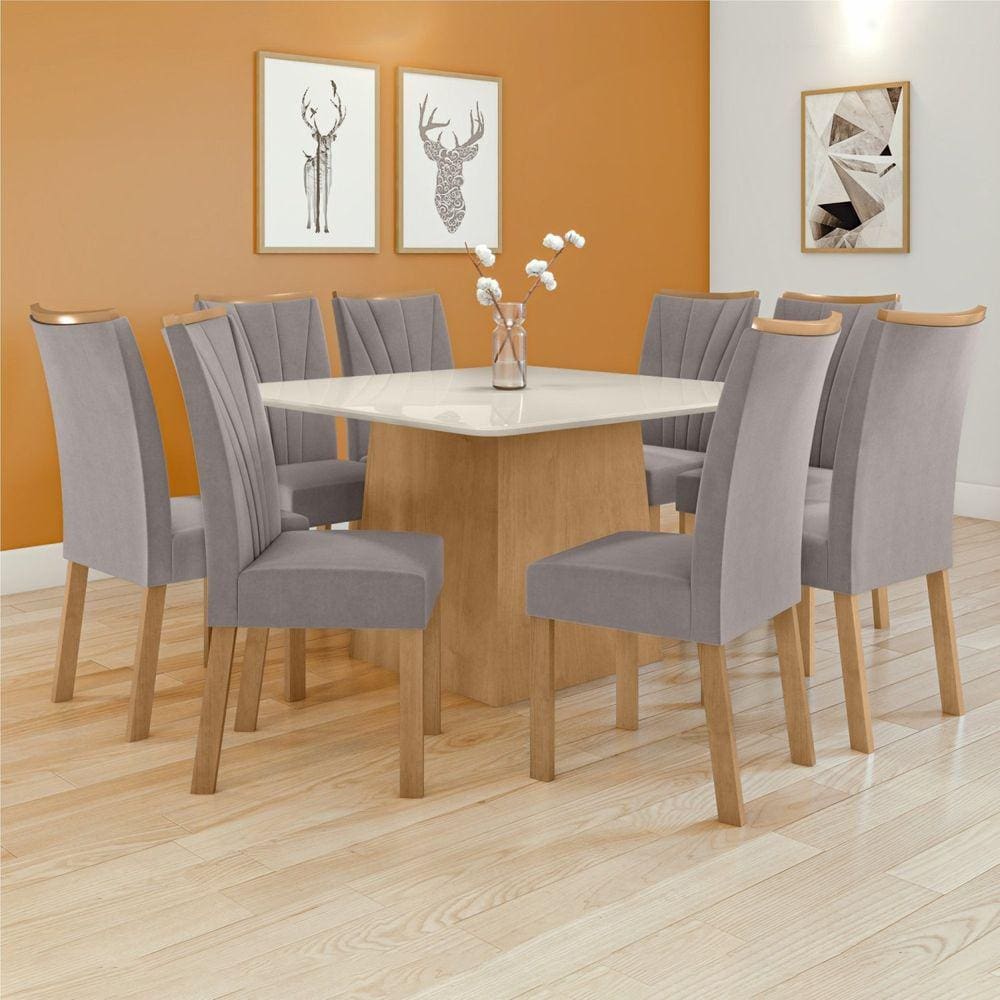 Conjunto Mesa 130cm Nevada com Vidro Plus com 8 Cadeiras Apogeu Amêndoa Clean/Off White/ Capuccino